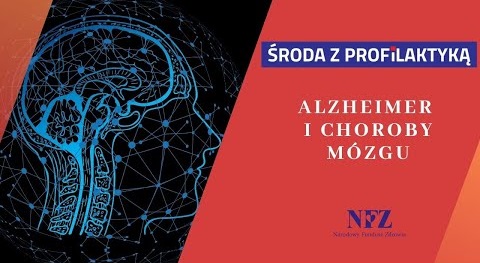 Po lewej stronie grafika – na czarnym tle na niebiesko narysowana głowa człowieka z uwzględnionymi strukturami mózgu; po prawej stronie na czerwonym tle napis Środa z profilaktyką, Alzheimer i choroby mózgu, logo NFZ