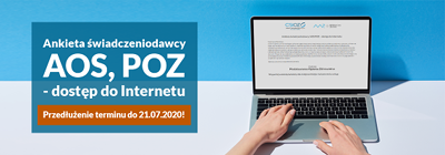 Napis: Ankieta świadczeniodawcy AOS, POZ - dostęp do internetu. Przedłużenie terminu do 21.07.2020, obok znajduje się otwarty laptop ze stroną www CSIOZ